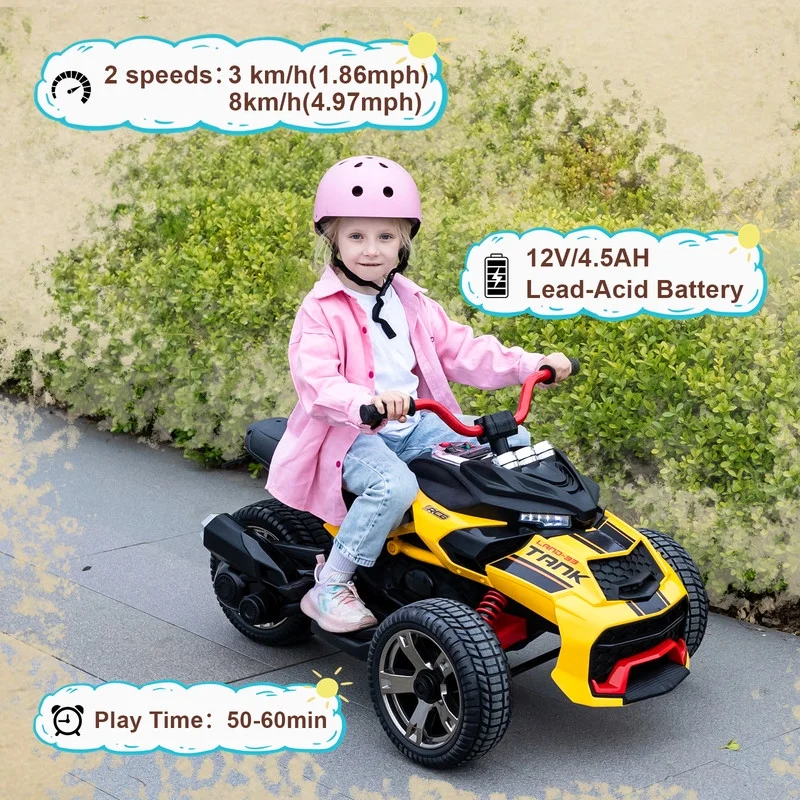RCB 12V Electric Ride - on, Dual Motors, Music, up to 5 Mph, 3 Wheel ATV Style for Kids Ages 3+, Black