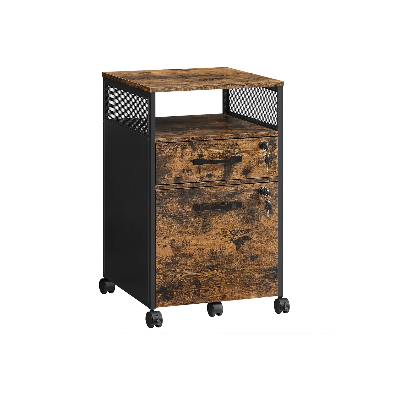 Classeur de bureau avec tiroirs verrouillables, roulettes et étagère ouverte