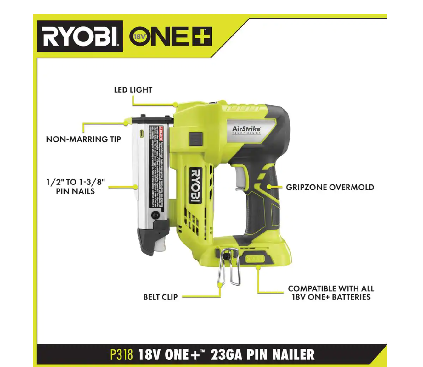 2025 RYOBI P320P318 ONE Kit Combo 2 18V batteridrevne værktøjer med 18 kal. dykkerpistol og 23 kal. 1-3/8 tommer hovedløs sømpistol (kun værktøj)