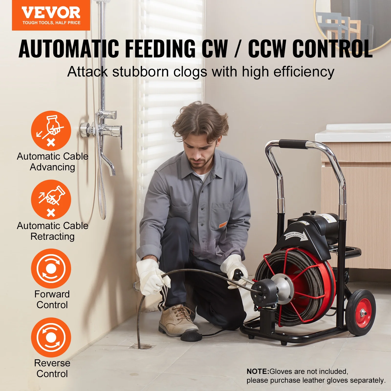 VEVOR Drain Cleaner Machine 100FT x 3/8 in, Auto Feed Sewer Snake Auger on Wheels, 370W Portable Drain Cleaning Machine with 8 Cutters & Air - Activated Foot Switch for 2" to 4" Pipes