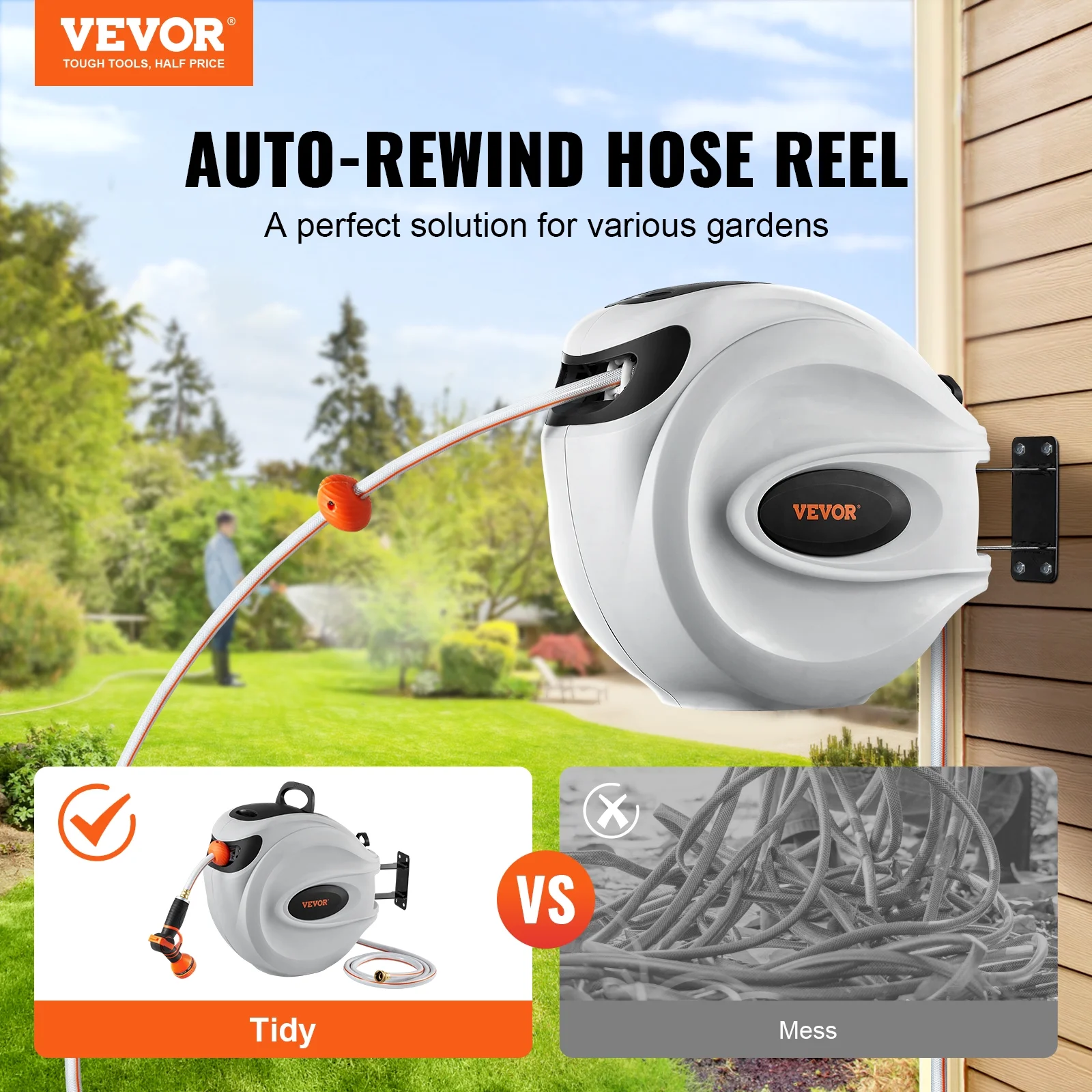 VEVOR Retractable Hose Reel, 100 Ft x 1/2 in, 180 Swivel Bracket Wall - Mounted, Garden Water Hose Reel with 9 - Pattern Nozzle, Automatic Rewind, Lock at Any Length, and Slow Return System