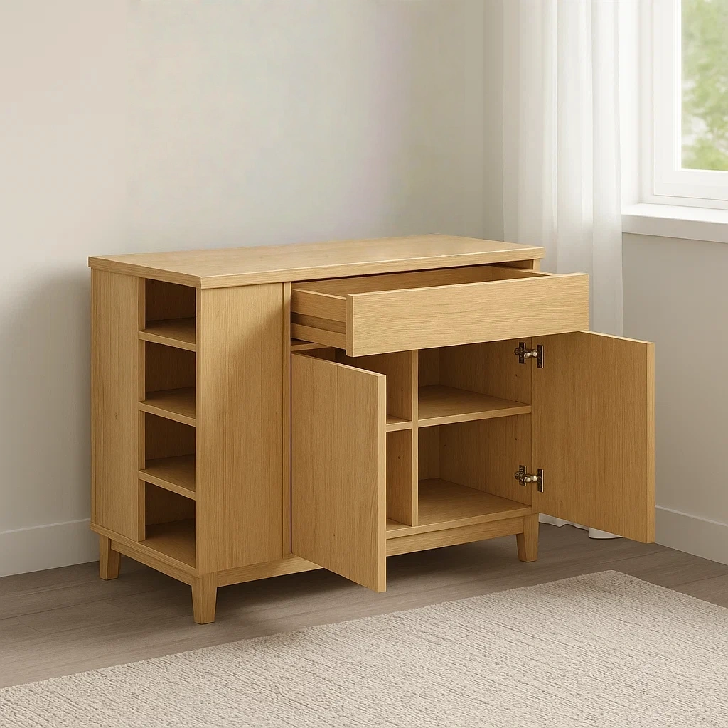 Rechteckige Kücheninsel mit Doppelschrank, einer Schublade und offenen Regalen, aus MDF, hell eichenfarben, 100 x 45 x 85 cm, zur Aufbewahrung in der Küche. - pL5Ud6DPzavO