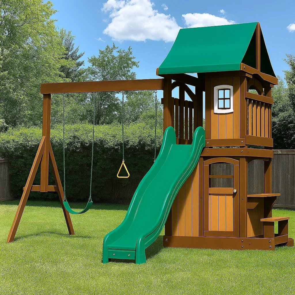 Balançoire pour enfants 410x320x285 cm bois/plastique vert - TtMVIOix33lT