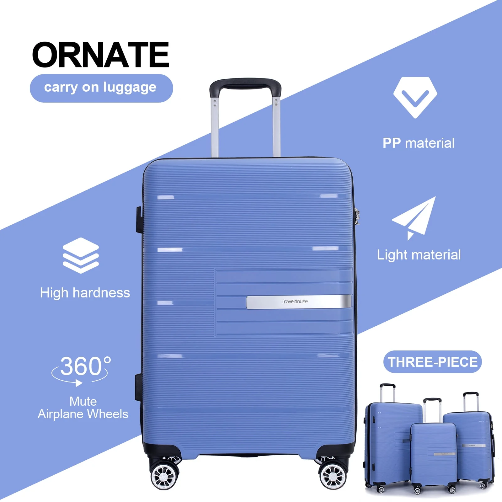 Tripcomp 3 Piece Luggage Sets, Hard Shell Carry on Luggage, PP Case with Two Hooks, Spinner Wheels, TSA Lock, Airline Approved, Lightweight Durable Suitcase, （20"24"28"）(Purplish Blue)