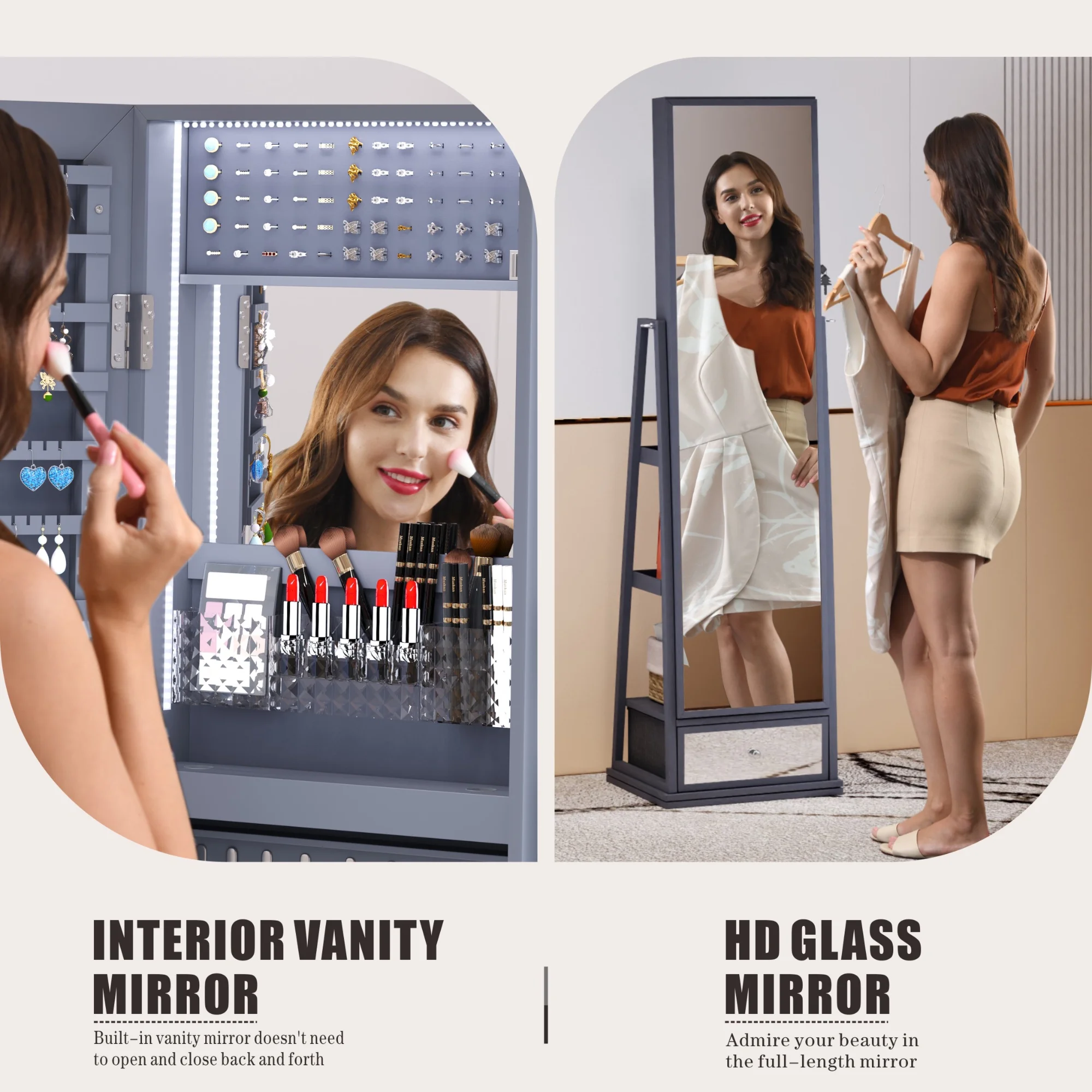 Coffret à bijoux FREDEES avec miroir et éclairage : Organisateur en bois avec miroir pleine longueur pour femme. Élégant coloris gris.