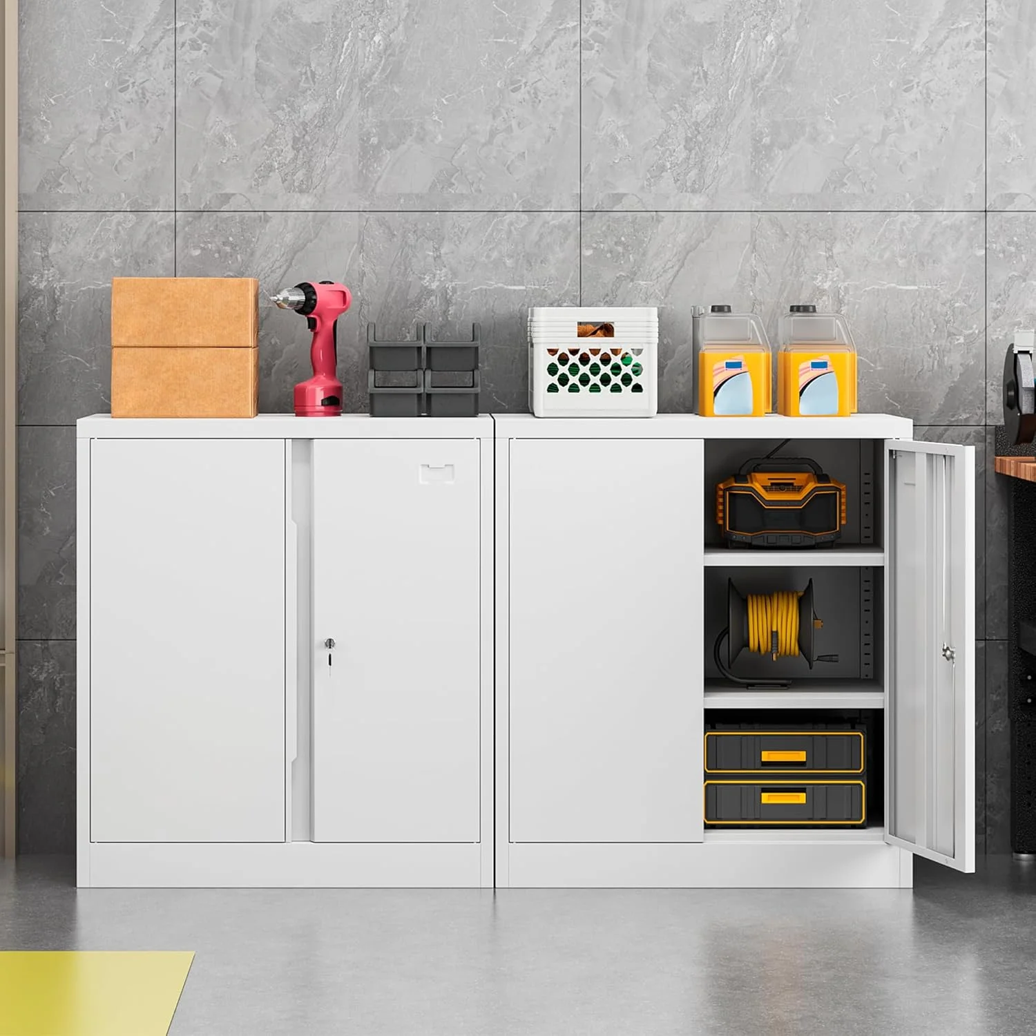 Metal Storage Cabinet, Garage Storage Cabinet with Doors and 2 Adjustable Shelves, 36" White Metal Cabinet, Locking Cabinet for Home, Garage, Office, School