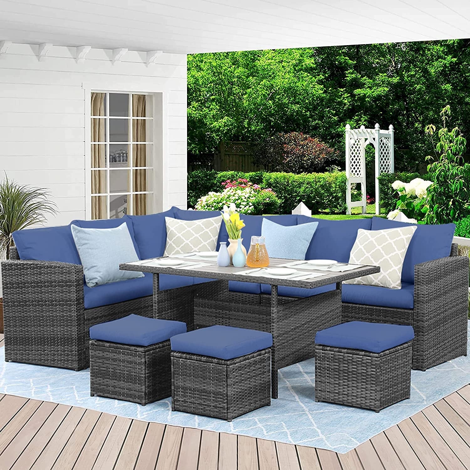 Superjoe 7 Pcs Outdoor Wicker Dining Set Patio Sectional Conversation Set with Table, Steel Frame, Ivory