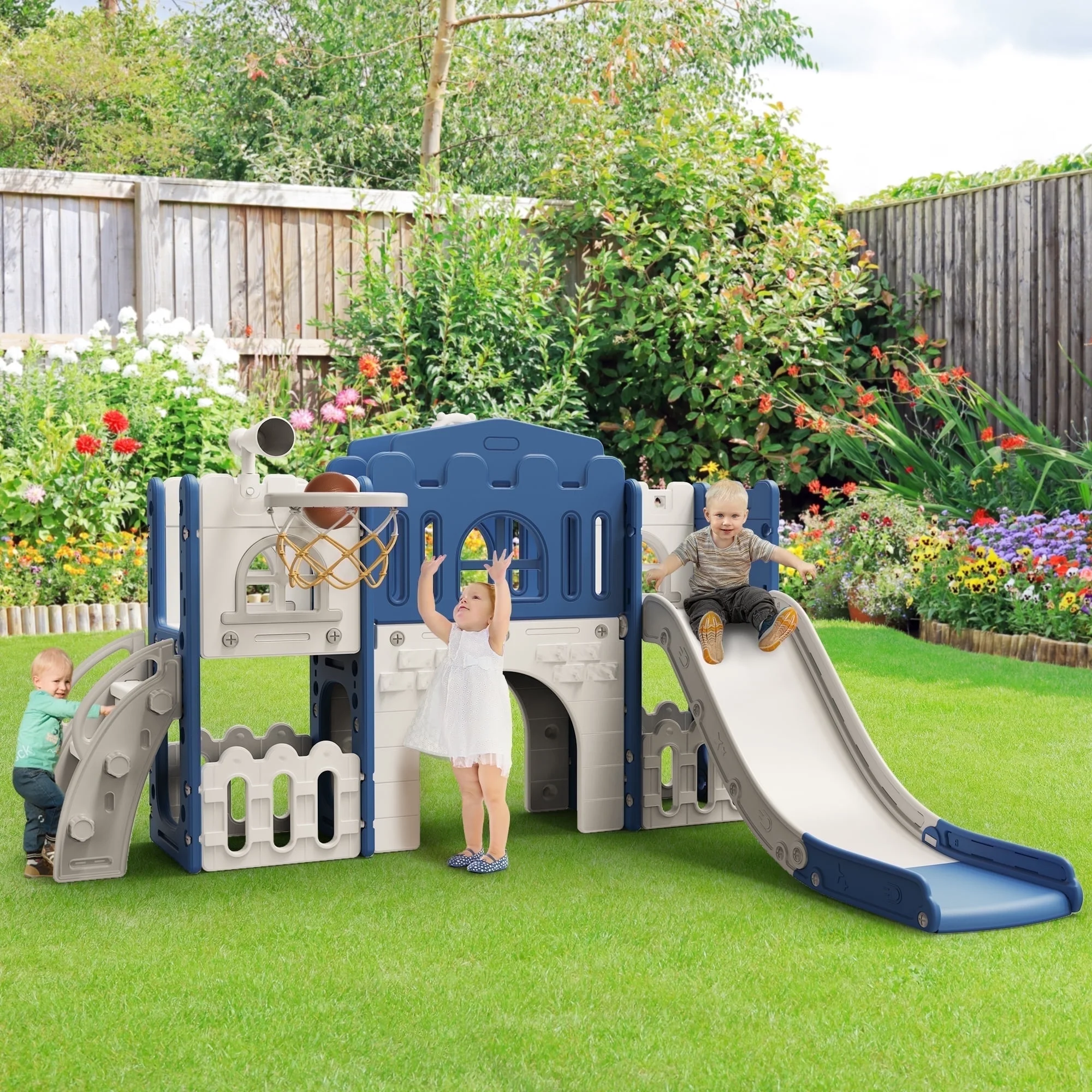 WFUN 9 in 1 Toddler Slide Playset for Kids Indoor/Outdoor for Toddlers Age 1+, Blue & Gray