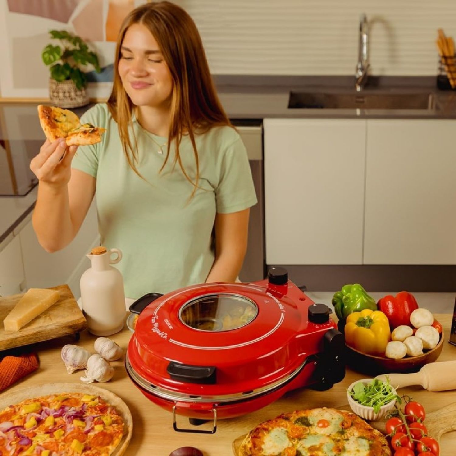 Fun Pizza&co Mamma Mia Vista elektrisk grillovn til pizza, 1200 W, 15 minutters timer, maks. temperatur på 420ºC på 3 minutter, vindue, stenplade.