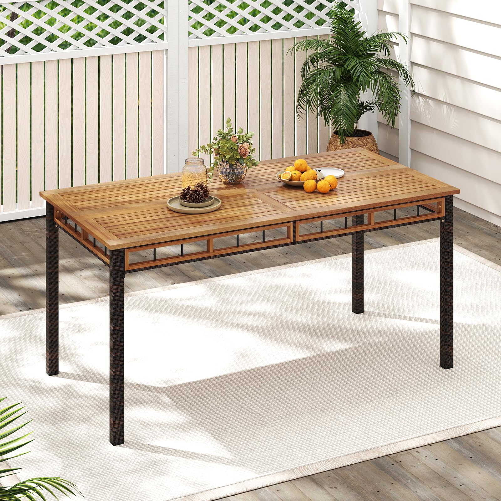 Tangkula 63" Outdoor Dining Table with Acacia Wood Slatted Tabletop