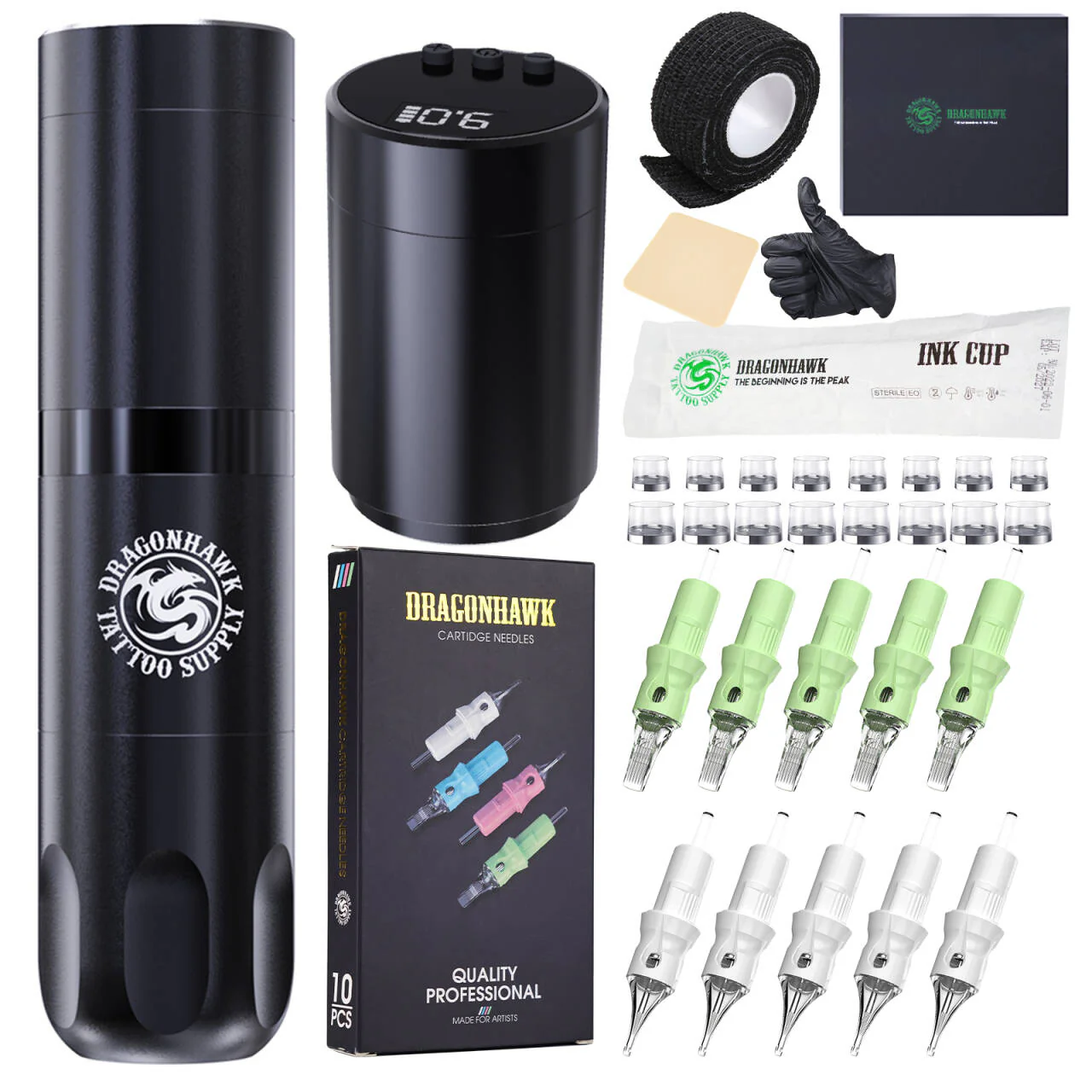 Dragonhawk X3 trådløs tatoveringsmaskinesæt med 2 udskiftelige batterier