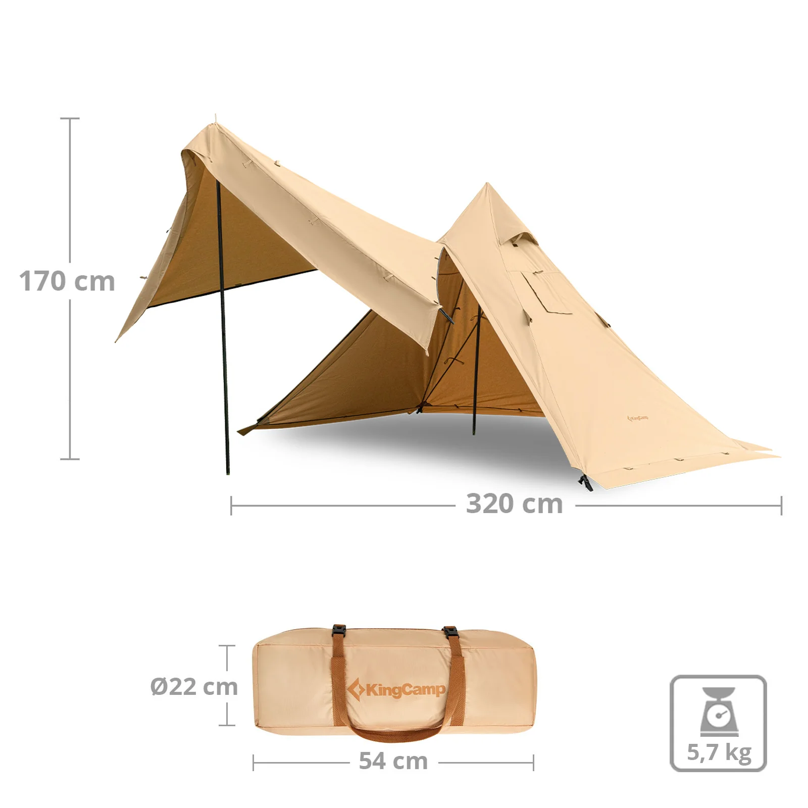 KingCamp Torino 2 (Modelljahr 2025) – Geräumiges 1-2-Personen-Zelt mit einfacher Einstangenkonstruktion, Kaminöffnung, winterfest, wasserabweisend und kompakt.