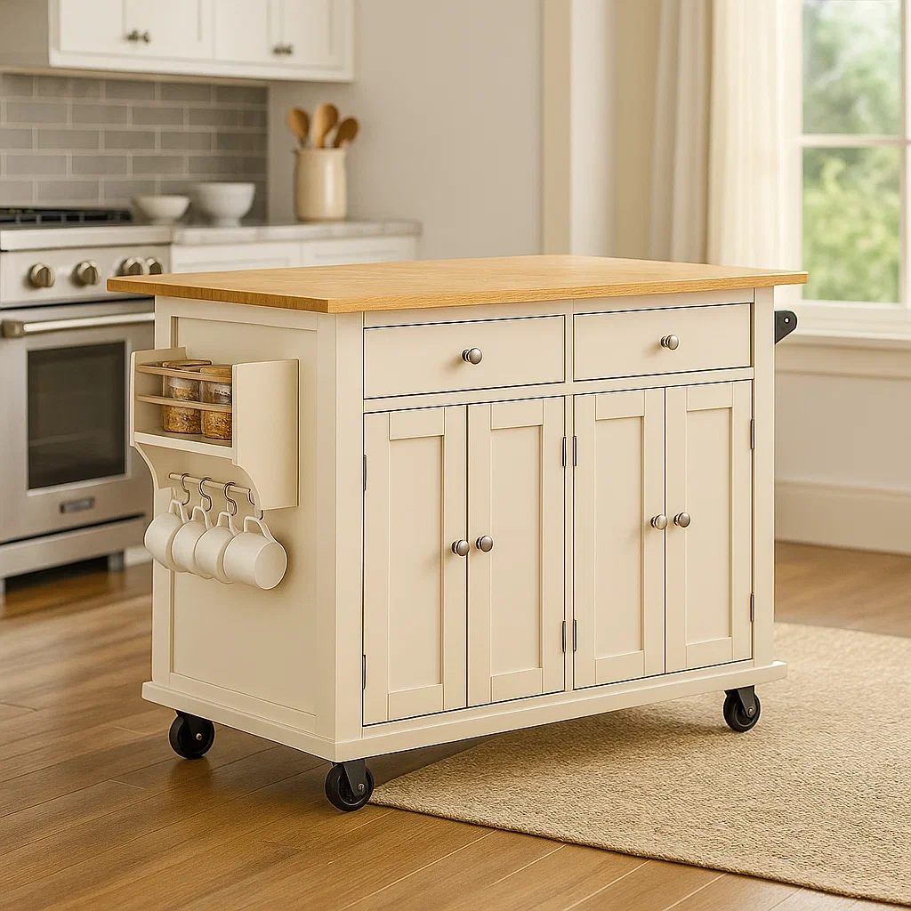 Îlot de cuisine rectangulaire avec double placard et deux tiroirs, en MDF couleur crème, sur roulettes et crochets latéraux, 115 x 48 x 91 cm, pour cuisine multifonctionnelle - rv025WbmBGOb