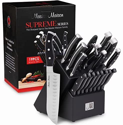Coffret de couteaux de cuisine haut de gamme 19 pièces avec bloc en bois | Ménagère Master Maison en acier inoxydable allemand avec aiguiseur et 8 couteaux à steak