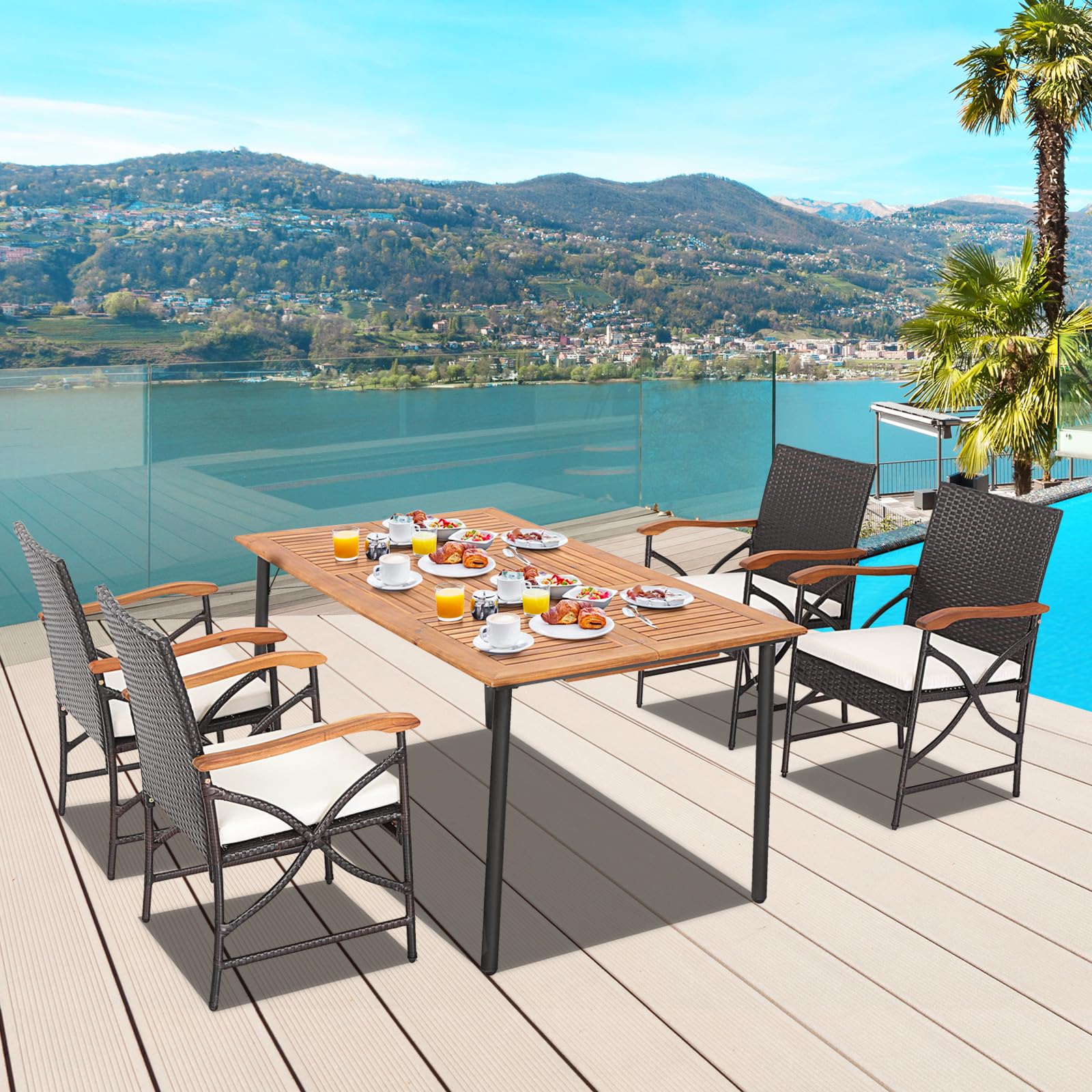 Tangkula 5 Pieces Outdoor Dining Set with Acacia Wood Table & 4 Wicker Rattan Armrest Chairs