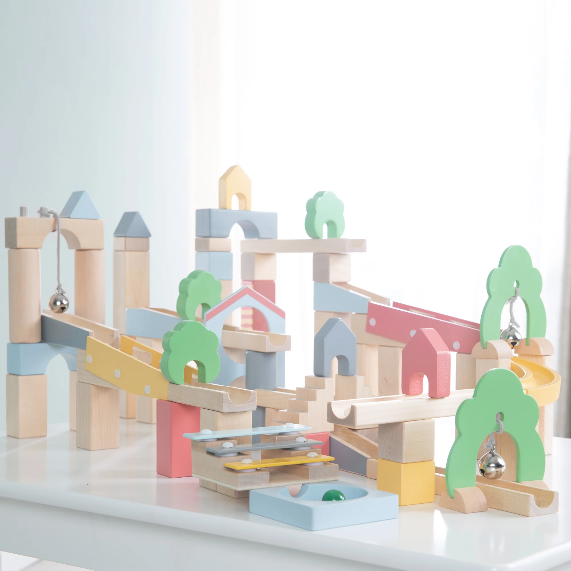 Murmelbahn aus Holz, 60 Teile, inklusive 20-teiligem Erweiterungsset für die Landschaftsgestaltung