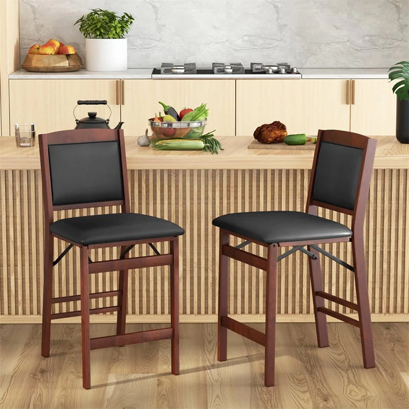 Set of 2 Folding Counter Height Bar Stools, 24.5" Kitchen Island Bar Chairs w/ Padded Backrest & Seat, Rubber Wood Legs, No Assembly Needed