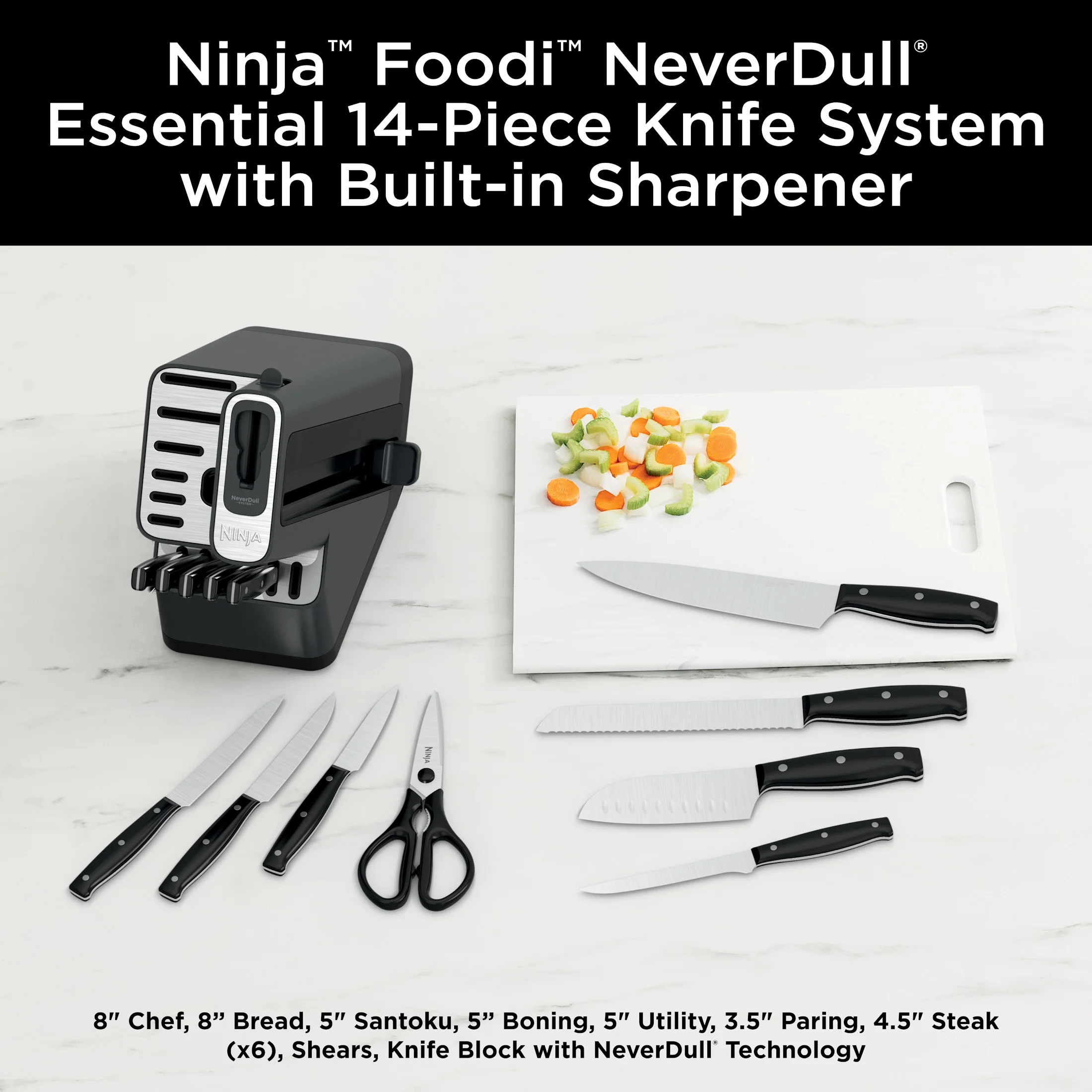 Ninja Neverdull 14 - Piece Stainless Steel Essential Knife System with Built - in Sharpener, K12014 Black/Gray