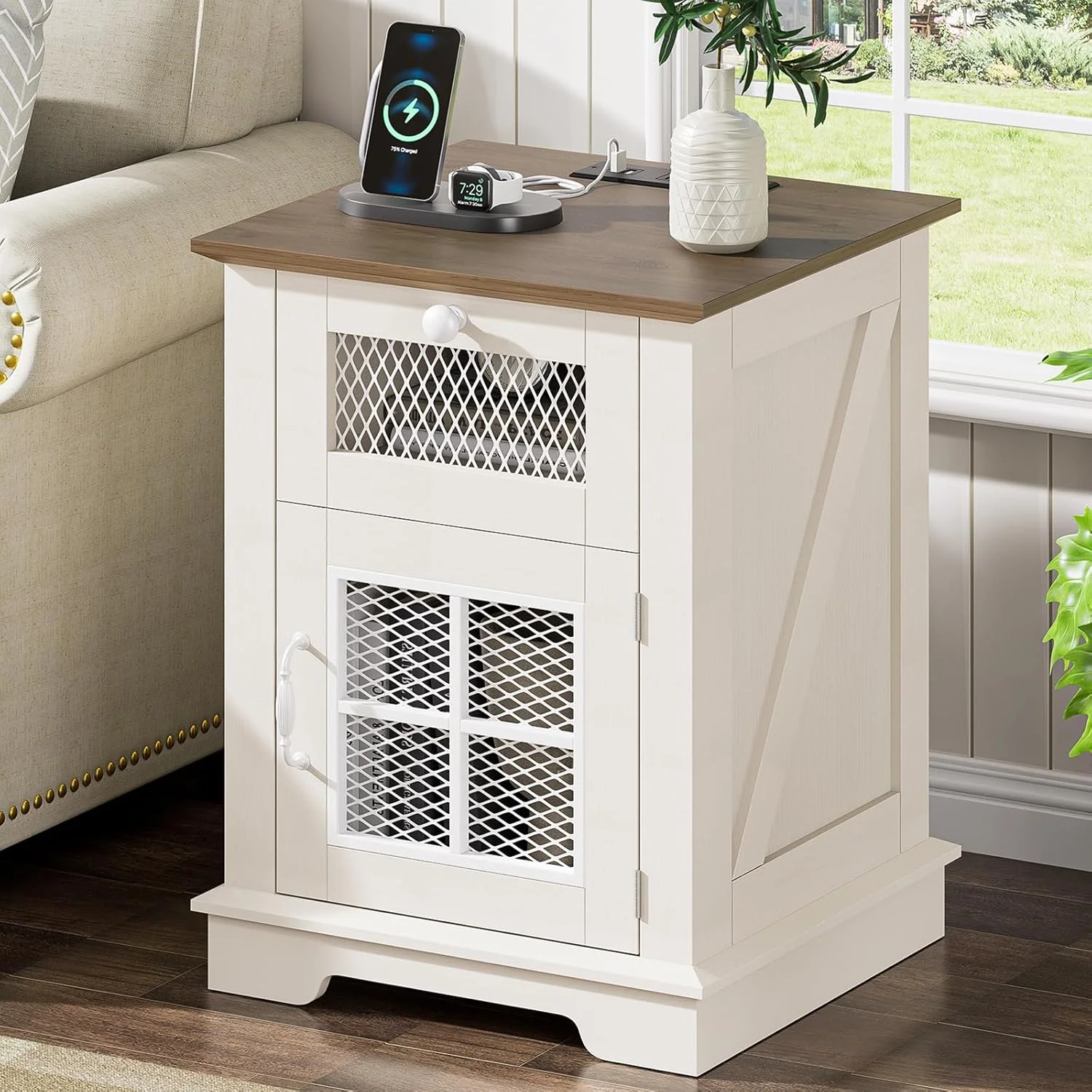 Nightstand Set of 2 with Charging Station, Farmhouse Night Stand Set 2, with 1 Drawer and 1 Cabinet Magnetic Metal Mesh Barn Door, Rustic Wood Bedside for Bedroom, End Table, White (2 Pieces)