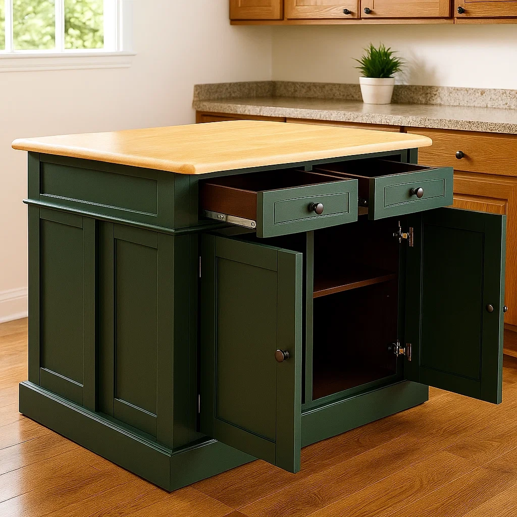 Îlot de cuisine rectangulaire avec double placard et deux tiroirs, en MDF, coloris vert foncé et chêne, sans roulettes, 120 x 75 x 90 cm, pour cuisine classique - XKDB5jvw9woI