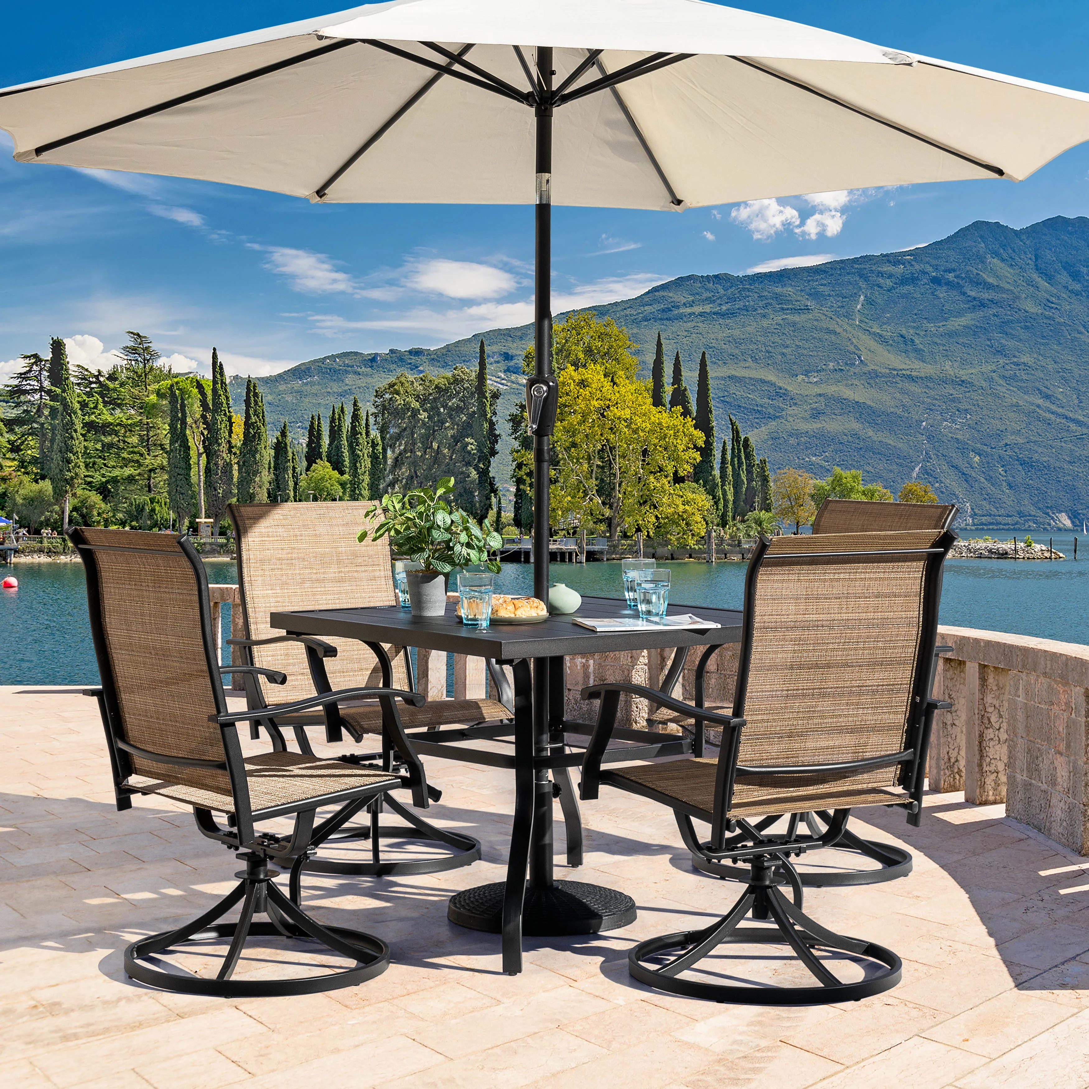 Nuu Garden 5 Piece Outdoor Patio Dining Set, Metal Patio Furniture Set 4 Textilene Swivel Chairs and 37" Square Iron Umbrella Dining Table, Black and Brown