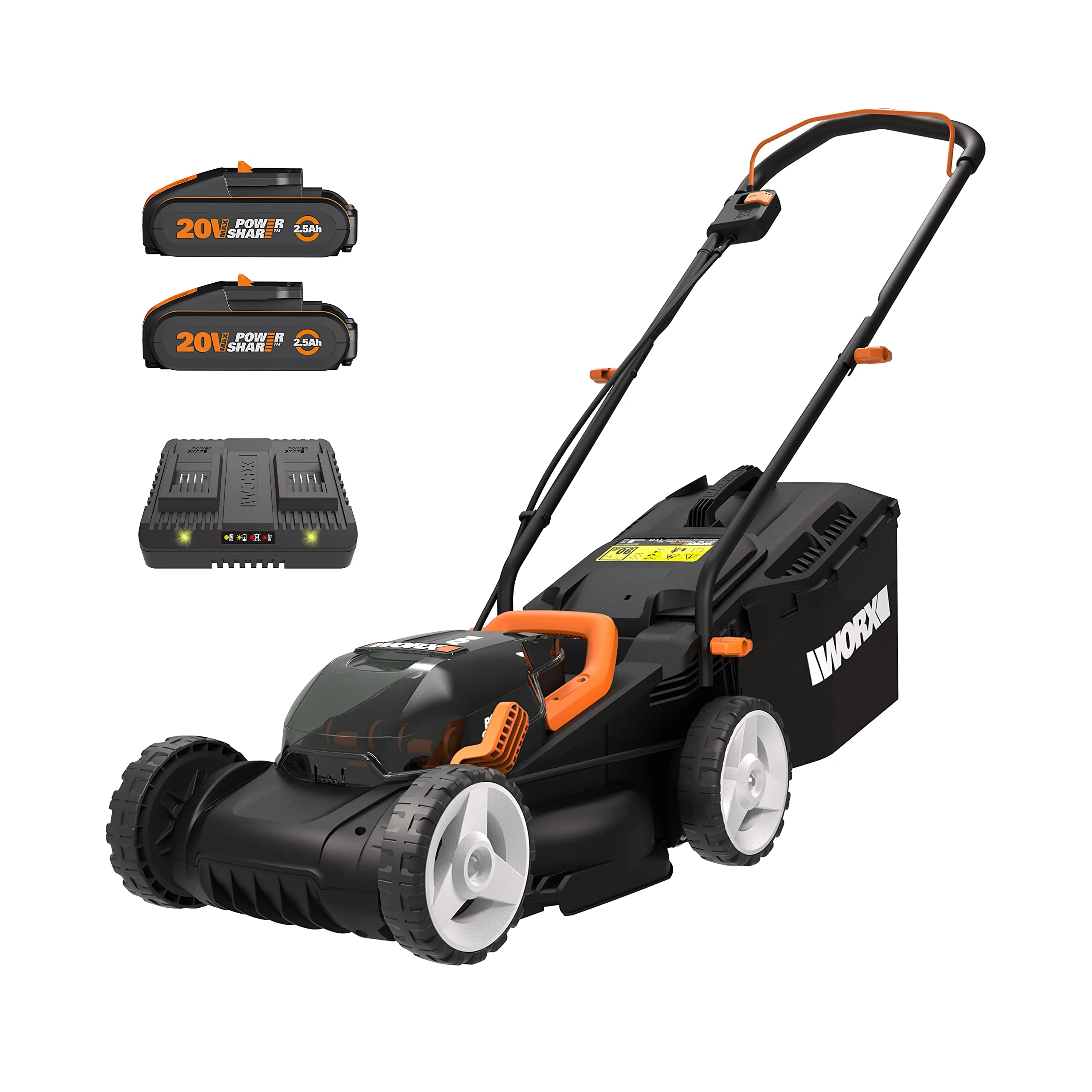 2025 Worx Nitro 34cm batteridrevet plæneklipper. Elektrisk plæneklipper. Model WG779E. 40V PowerShare PRO med 2 x 2,5Ah batterier (batterier og oplader medfølger)