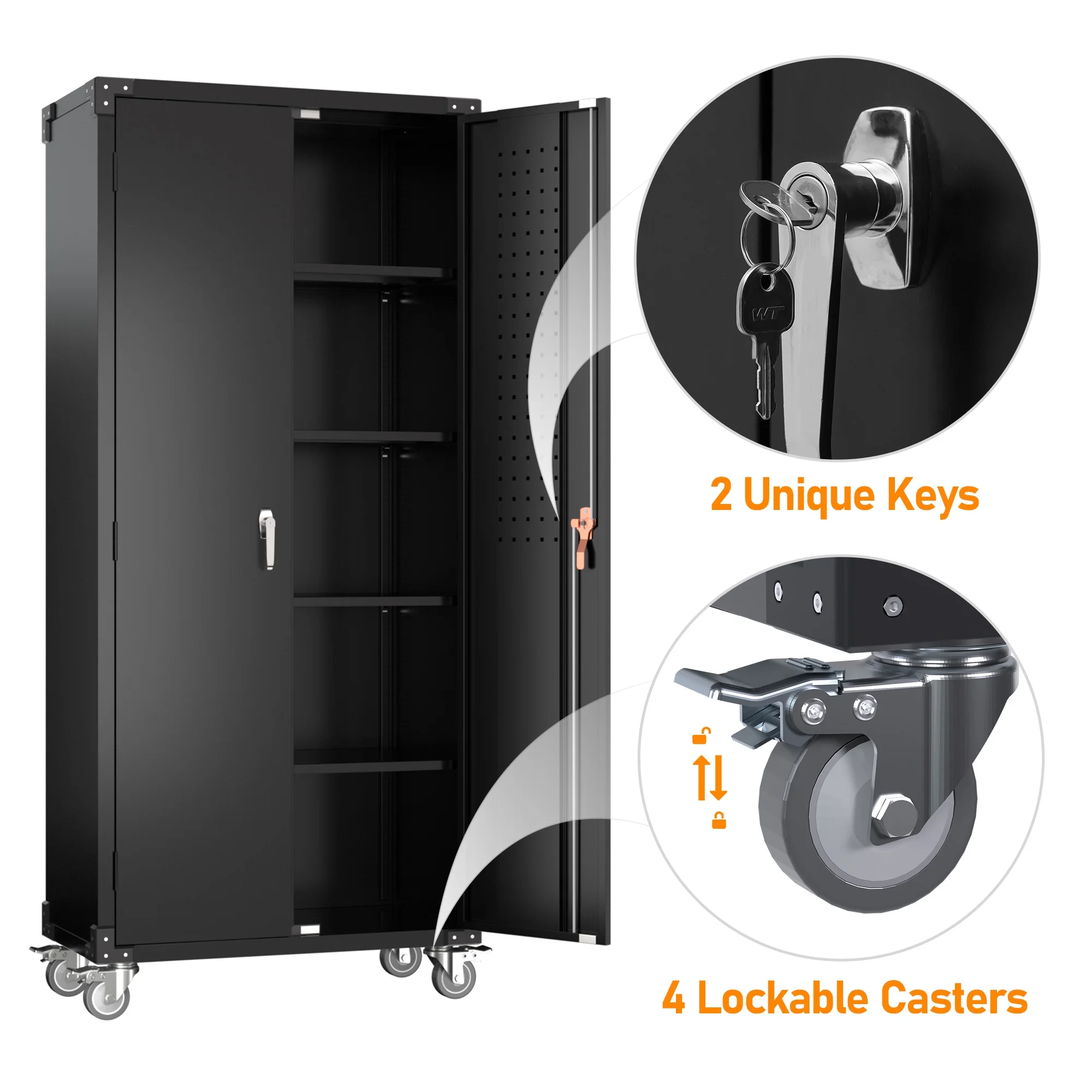 SUPEER Metal Rolling Storage Cabinet, 72 in Steel Lockable Cabinet with Multipurpose Pegboard and Adjustable Shelves, Tall Tool Cabinet for Office, Home, Storage, Assembly Required(Black)