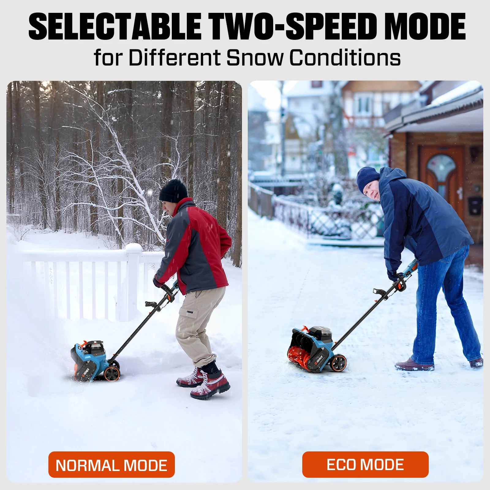 SENIX Brushless 60V 15 - Inch Cordless Snow Shovel with 6.0ah Battery W/ Rear Wheels, 33ft Throw 600 lb, 2 - Speed Variable, Detachable LED Light, Telescopic Handle, Include 3A Charger, STX6 - M