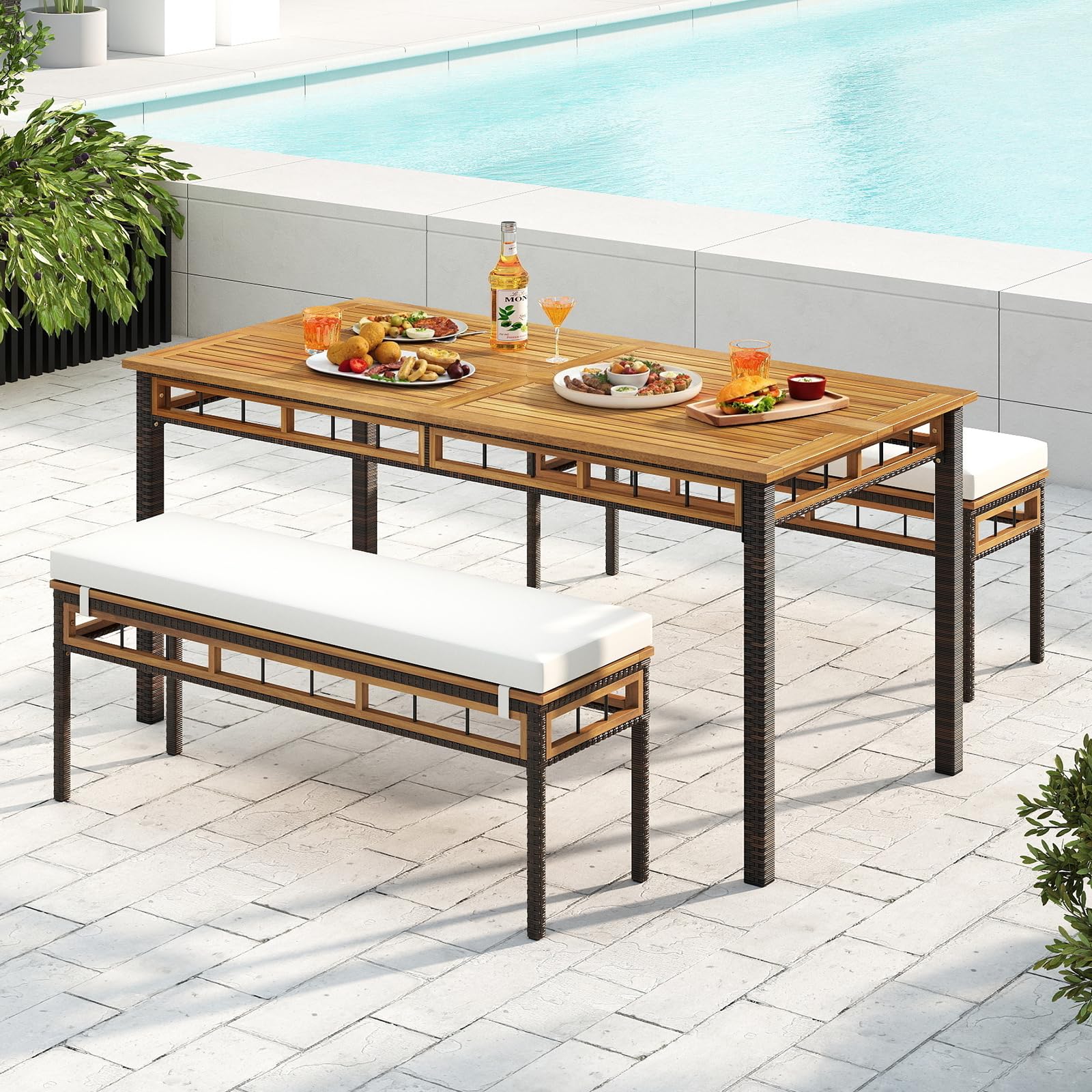 Tangkula Outdoor Wicker Bench with Removable Padded Cushion