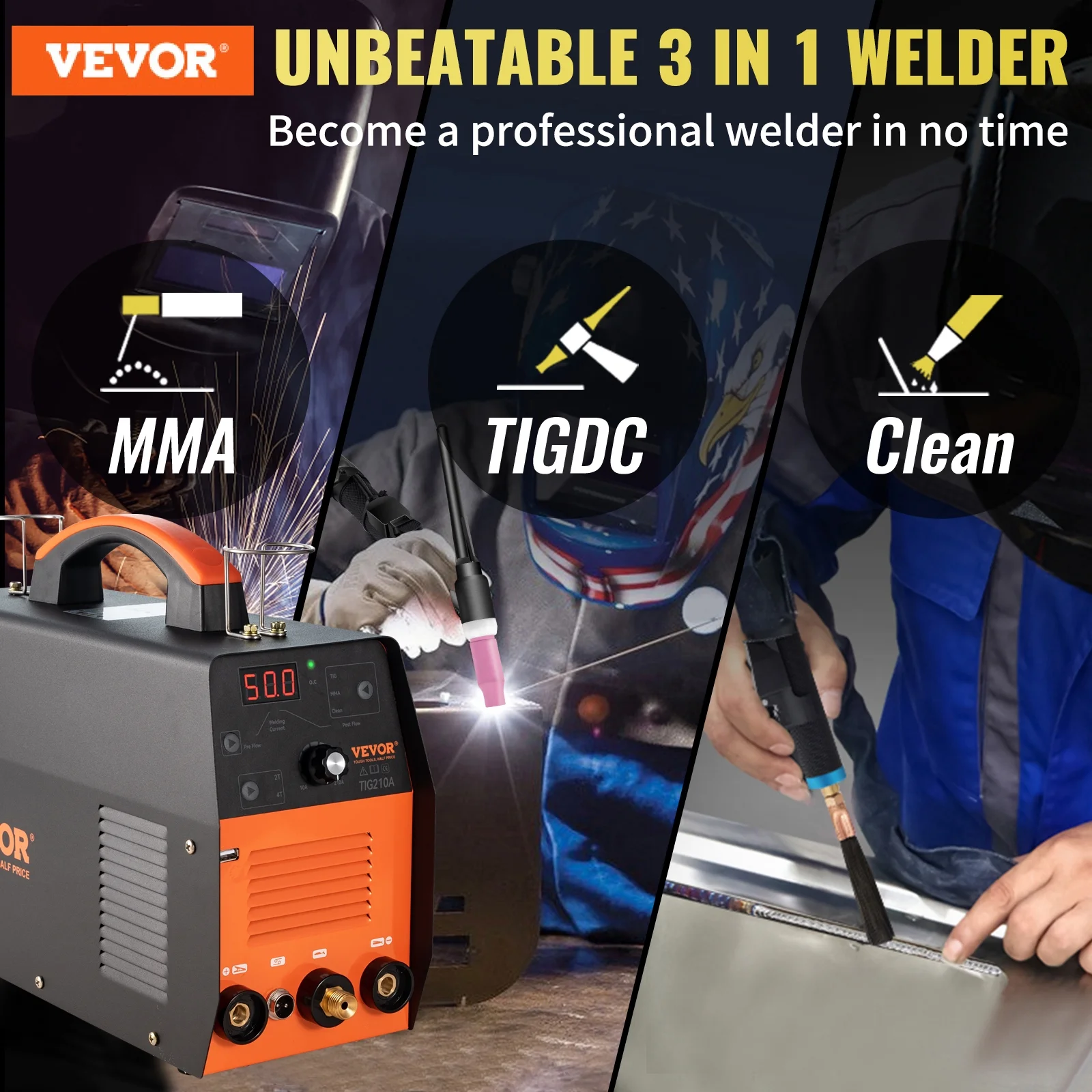 Poste à souder TIG 3-en-1 VEVOR 210A (2025). Double tension 110/220 V. Modes de soudage HF TIG / MMA / nettoyage USB. Onduleur et torche IGBT. Poste à souder à l