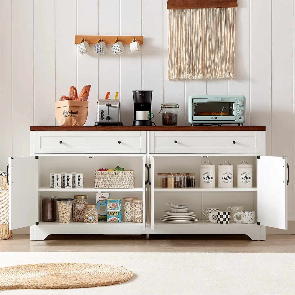 Trumanpick 61"h Large Buffet Sideboard Cabinet, TV Cabinet, Kitchen Pantry for Dining Room, Living Room, 61.3''L x 15''W x 29.8''H, White/Walnut