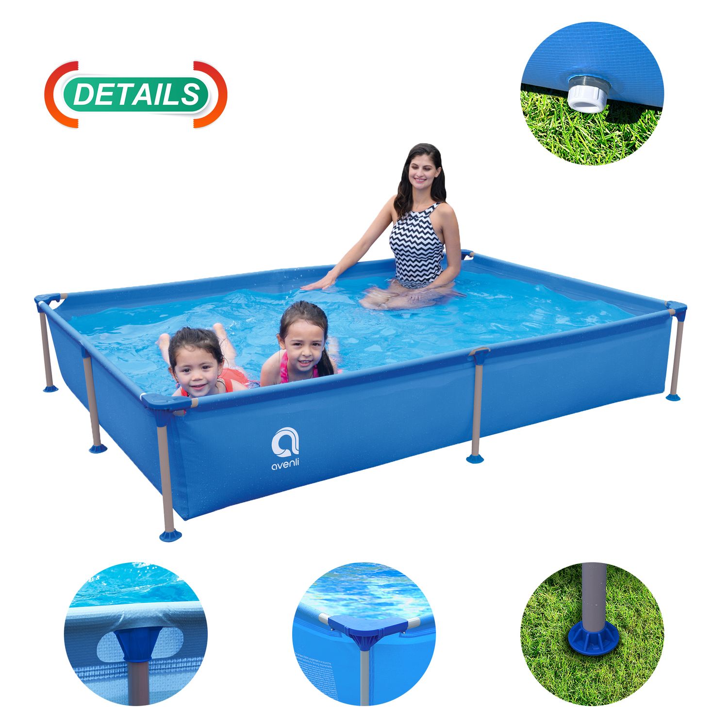 Avenli Steelsuper Frame rektangulært rørformet poolsæt. Kapacitet 1287 l. Mål: 228 cm x 159 cm x 42 cm.