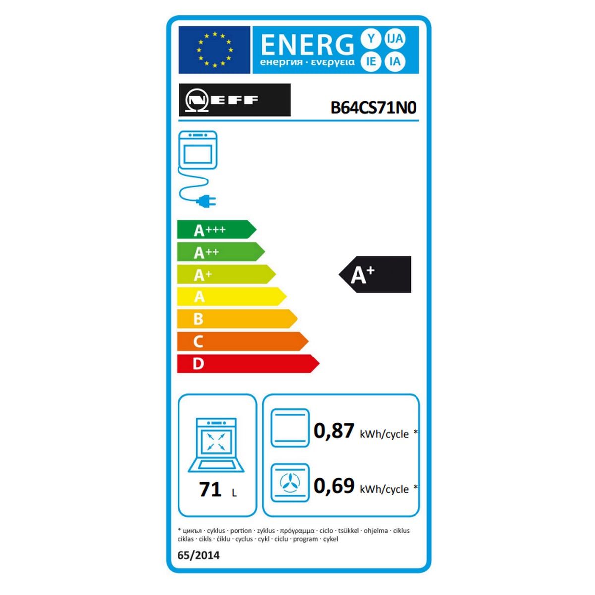 Neff Indbygget multifunktionsovn 71L 60cm A+ Pyrolyse Sort - B64cs71n0