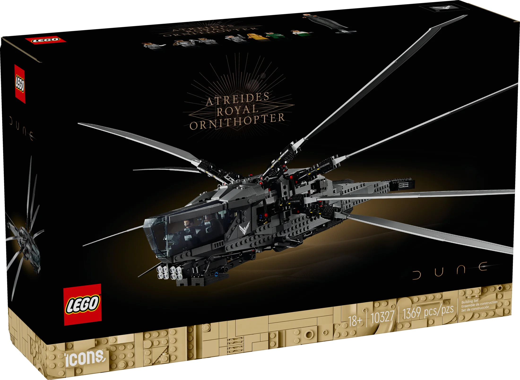 LEGO Icons Dune Atreides Royal Ornithopter 10327 – Dune-inspiriertes Sammlermodell zum Bauen und Ausstellen, Geschenkidee für erwachsene Science-Fiction-Fans, mit 8 Minifiguren, darunter Chani und Baron Harkonnen