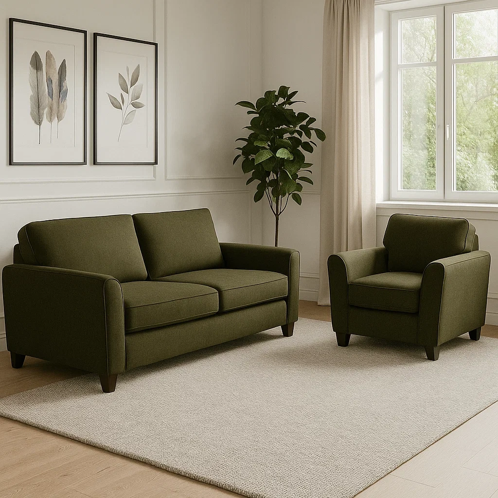 Sofagarnitur, 2-Sitzer und 1-Sitzer, Stoffbezug, olivgrün, strukturiert, mit Kissen, Sofagröße 180x80x85 cm, Sesselgröße 80x80x85 cm - 7aJCHdbUxS24
