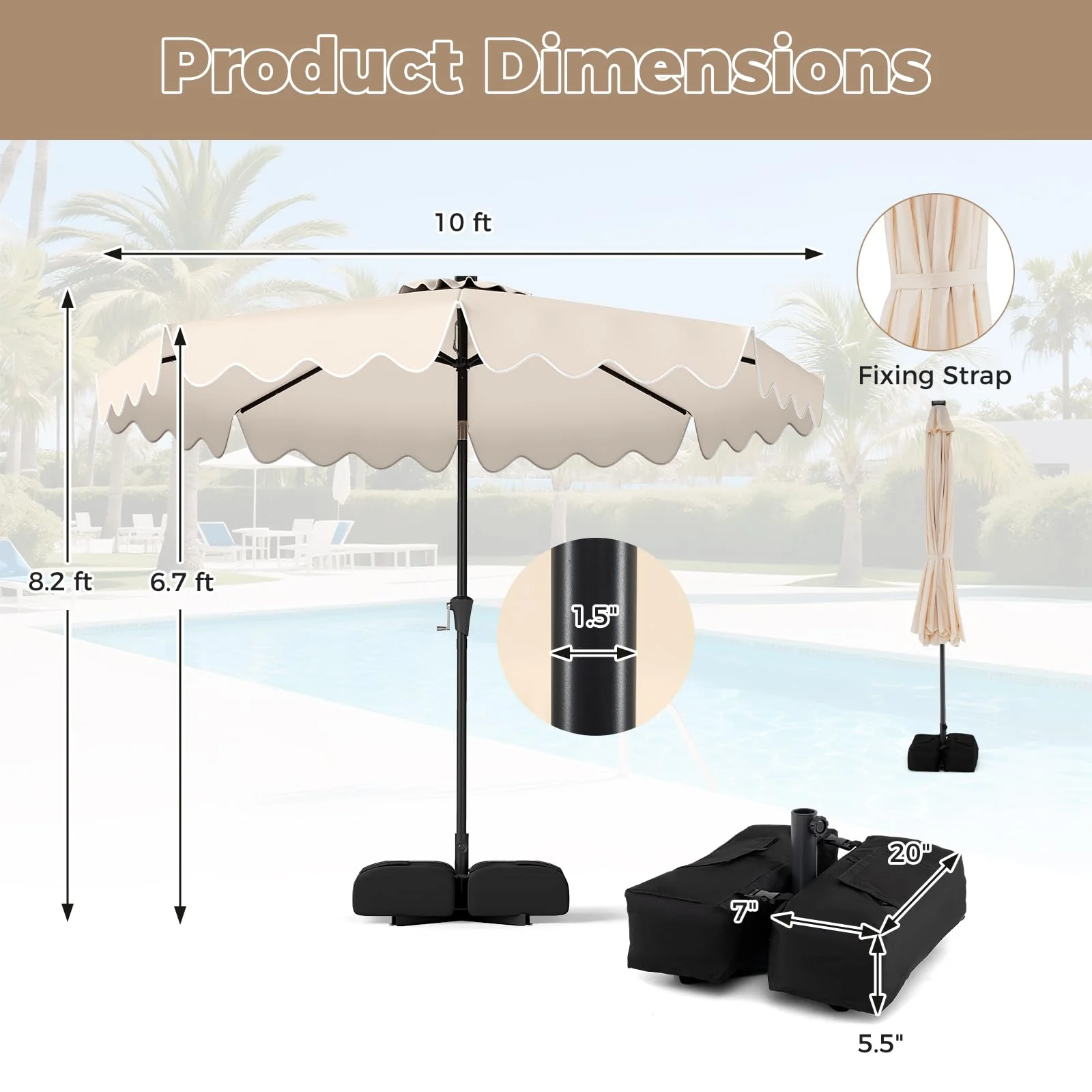 Tangkula 10 FT Outdoor Patio Umbrella with Solar LED Lights and Weighted Base-Beige