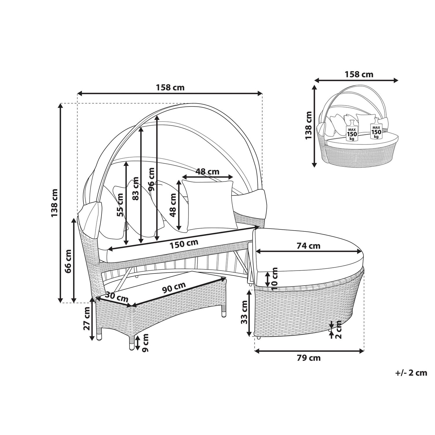 Weißbraune Gartenmöbel aus synthetischem Rattan: Bettkissen, Couchtisch, Sonnenliege, Sonnendach – langlebig und wetterfest, Sylt Lux – Weiß