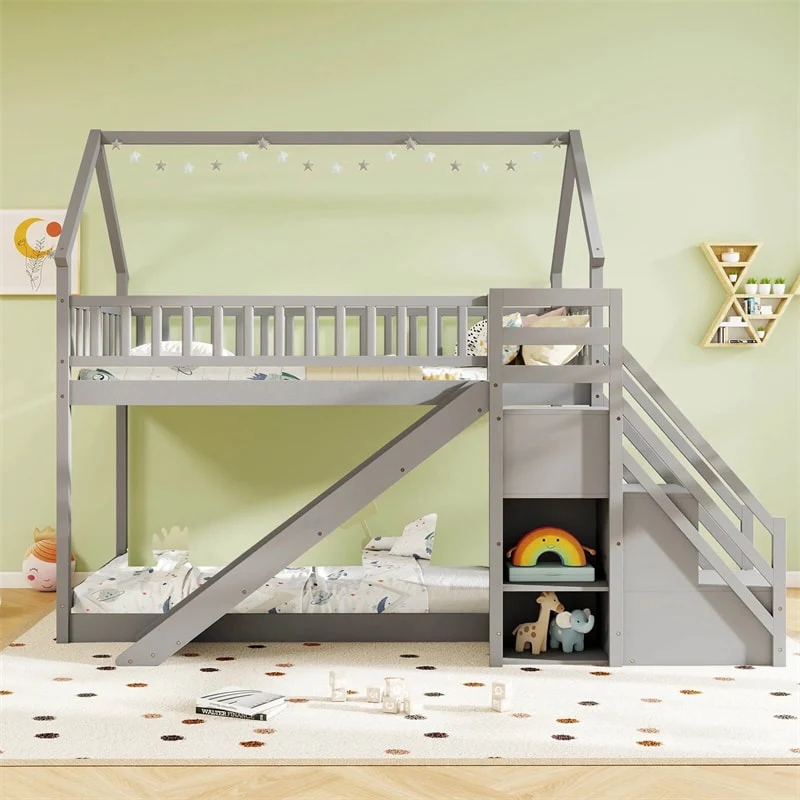 Twin Over Twin Bunk Bed House Design with Slide, Staircases & Storage Compartments, No Box Spring Needed, Wood Twin Floor Bed for Kids Teens