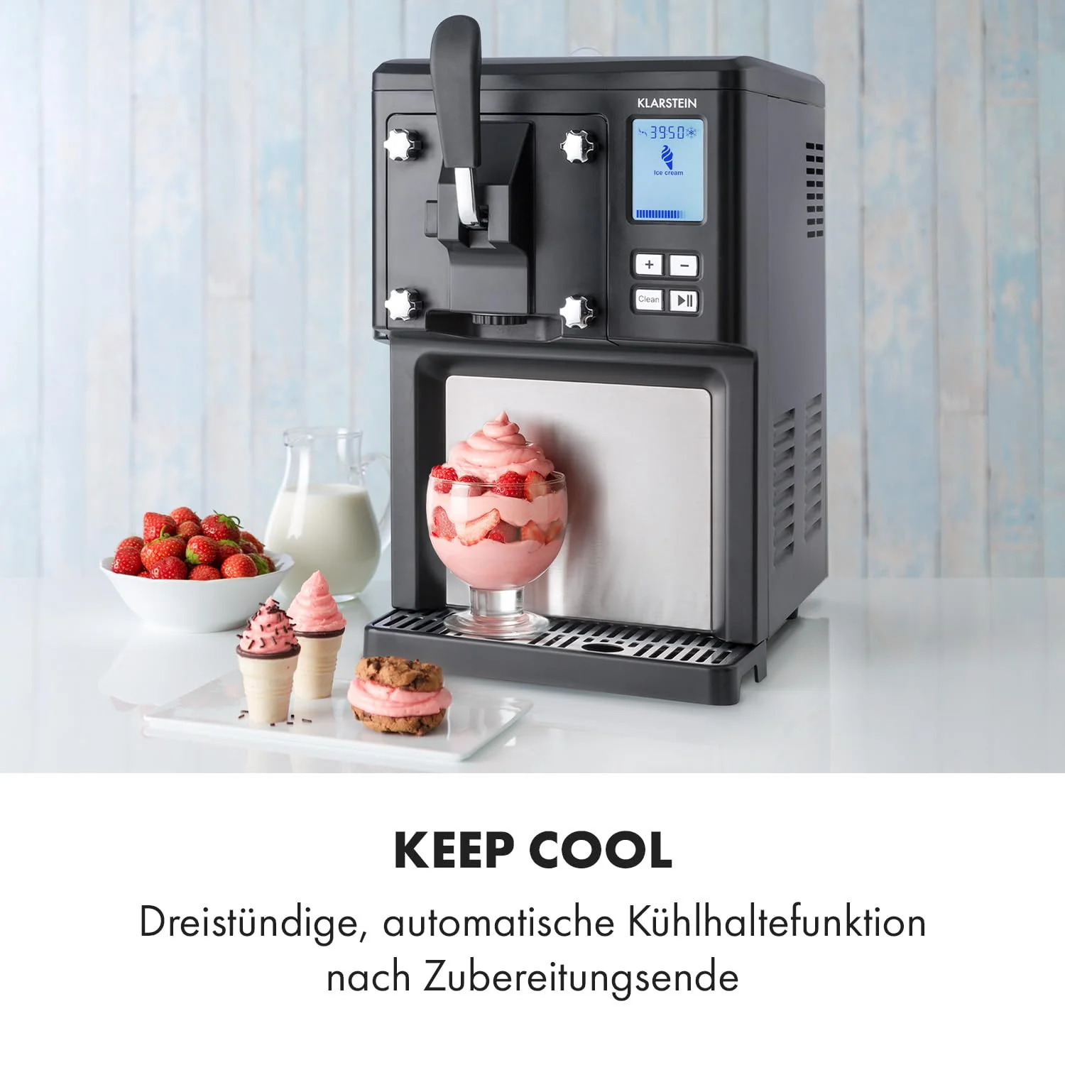 Sorbetière Klarstein Sweet Sundae 2025 – 1,5 L. Compresseur à refroidissement automatique. 200 W. Distributeur intégré. Fonction maintien au froid 3 heures. Nettoyage automatique. Acier inoxydable. Noir.