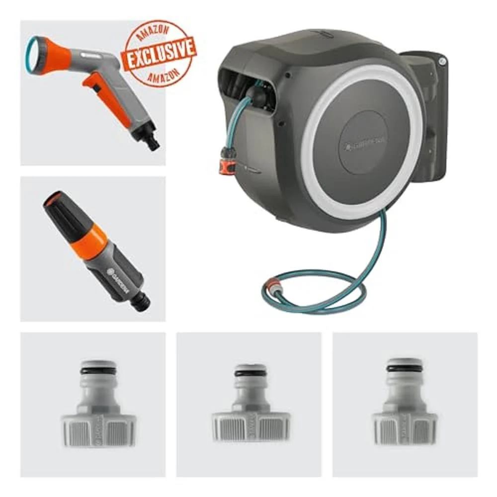 2025 Gardena RollUp XL 35m vægmonteret slangeopruller Eksklusiv udgave: Fleksibel vanding til store haver. Roterende slangeopruller med 35m slange, bruser og rengøringsspray (18632-60)