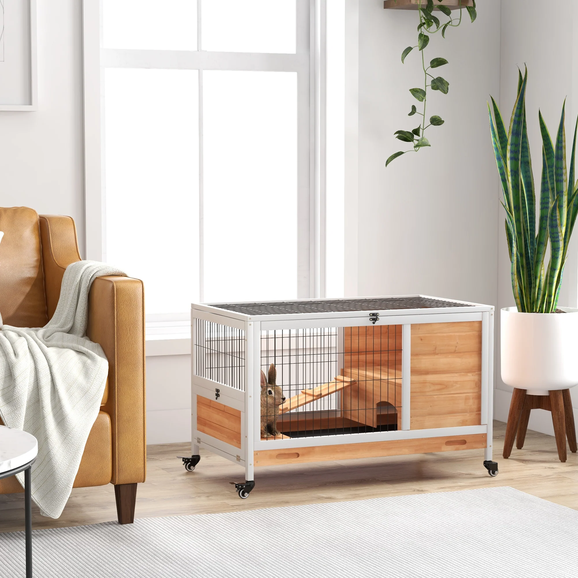 2025 PawHut indendørs kaninbur i træ. Design med 2 niveauer og hjul. Gul