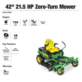 Tondeuse autoportée John Deere Z320R 42″ à rayon de braquage zéro – Moteur bicylindre en V de 21,5 ch avec plateau de coupe profond Accel