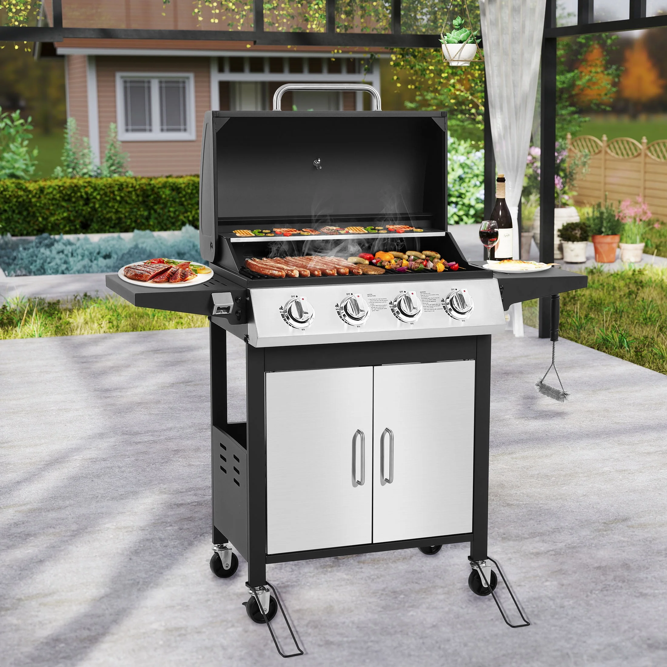 SEGMART 4 Burner BBQ Propane Gas Grill, Stainless Steel 40, 000 BTU Patio Garden Barbecue Grill with Folding Side Tables, Cleaning Brush & Thermometer, Perfect for Camping, Outdoor Cooking