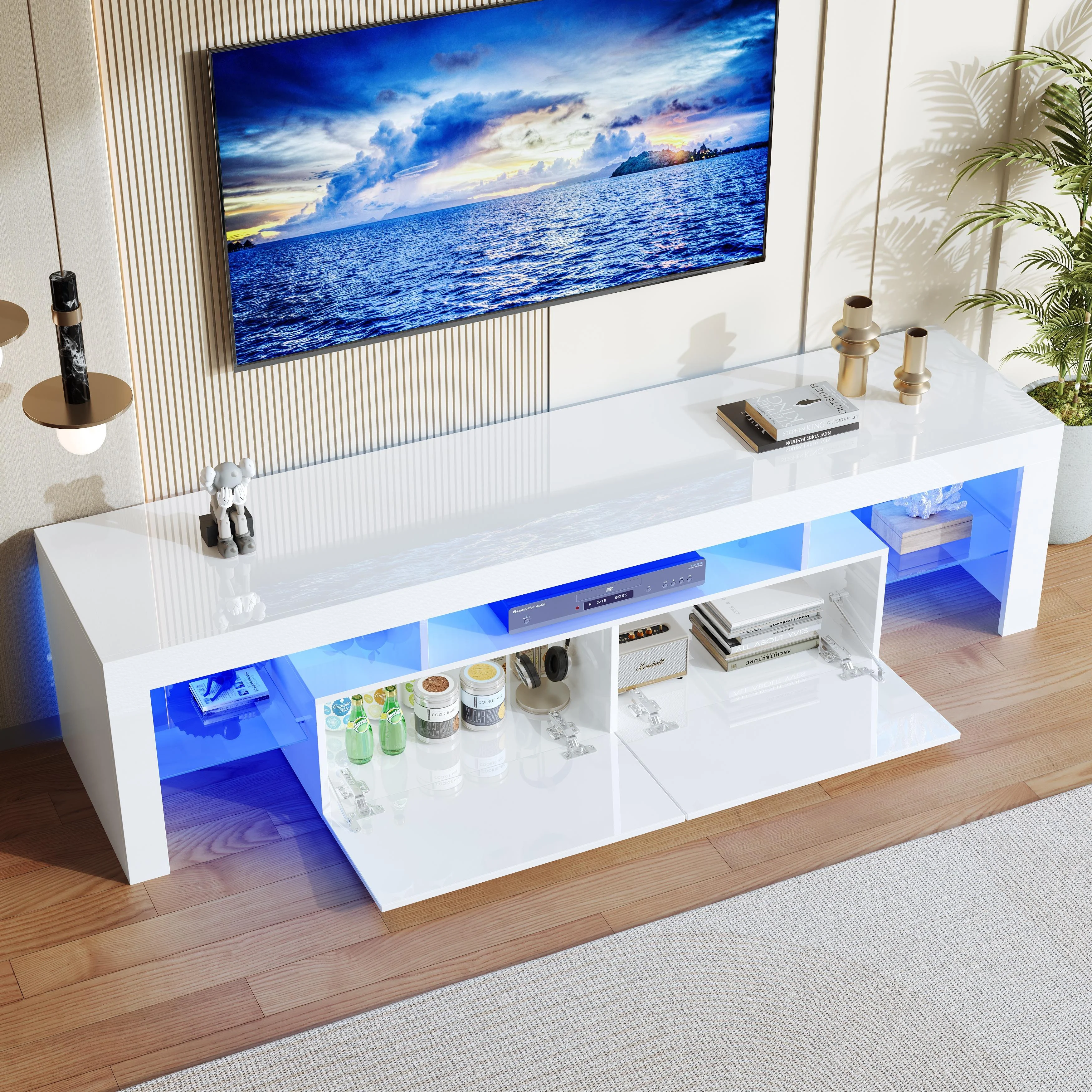 PAPROOS TV Stand for Tvs up to 70", High Gloss TV Cabinet with LED Light, Modern TV Console Table with Storage Drawers, Media Television Stand Entertainment Center, White