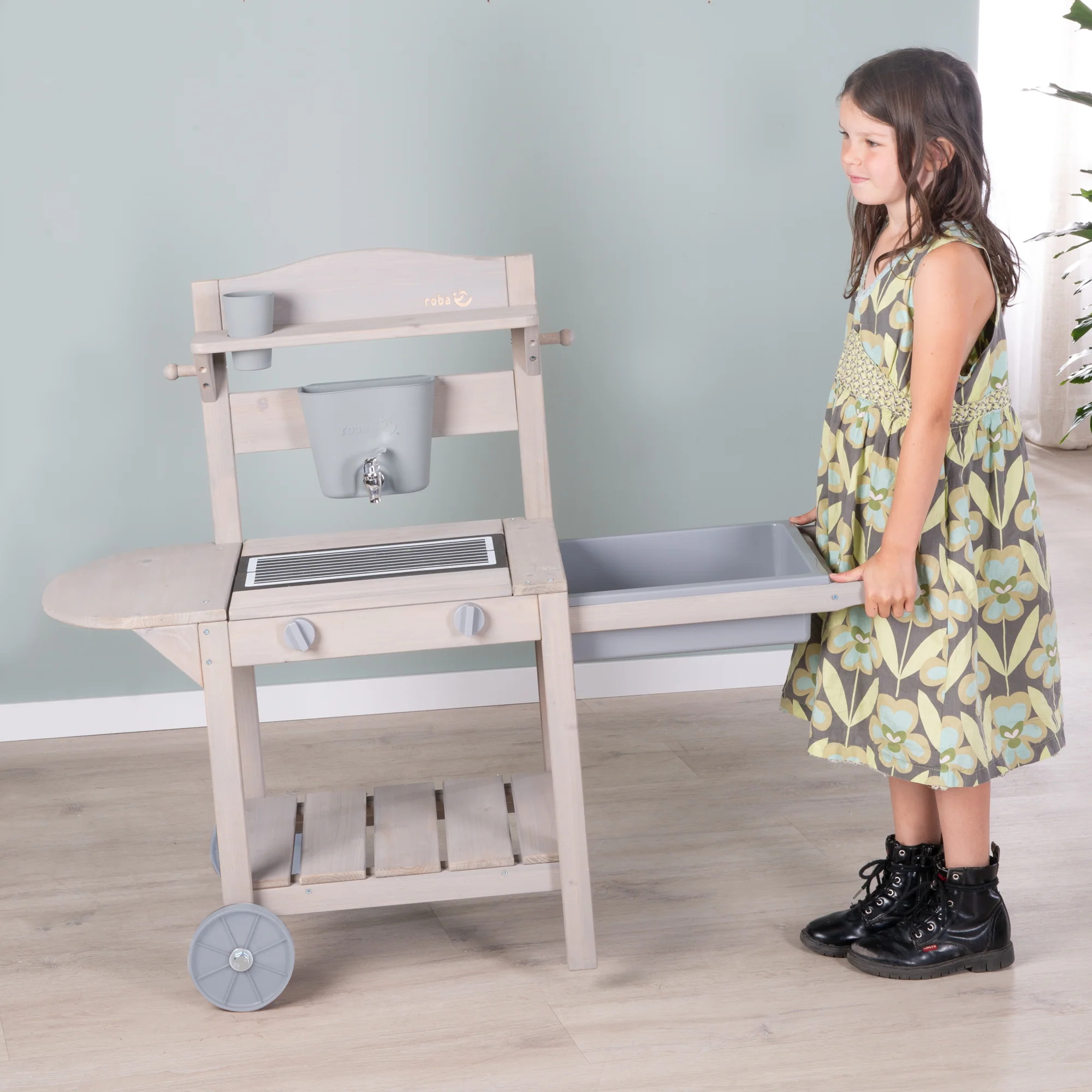 Ensemble cuisine mobile et barbecue pour enfants – Bois certifié FSC – Finition gris gravé