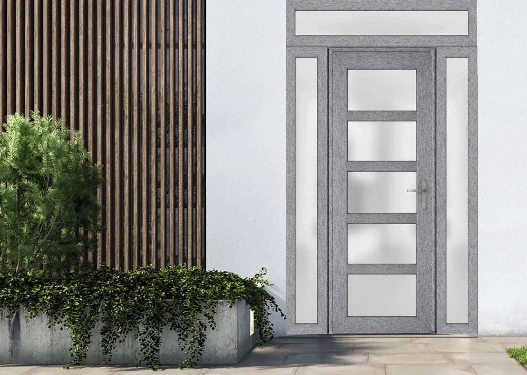 Front Exterior Prehung Metal - Plastic Door Frosted Glass / Manux 8002 Grey Ash / 2 Side and Top Window / Office Commercial and Residential Doors Entrance Patio Garage 60" x 94" Left - Hand Inswing