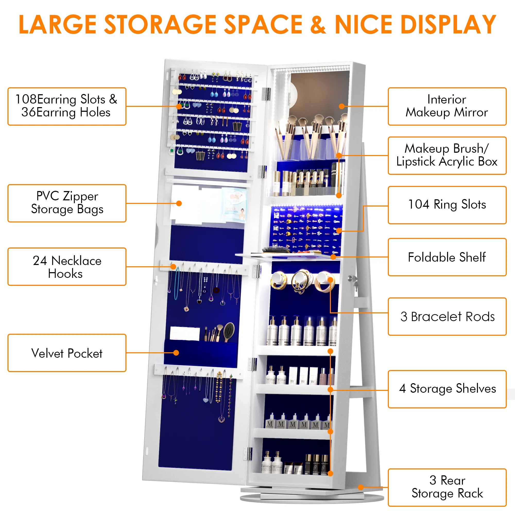 Boîte à bijoux rotative LVSOMT avec lumière LED et miroir pleine longueur : un rangement élégant à 360°