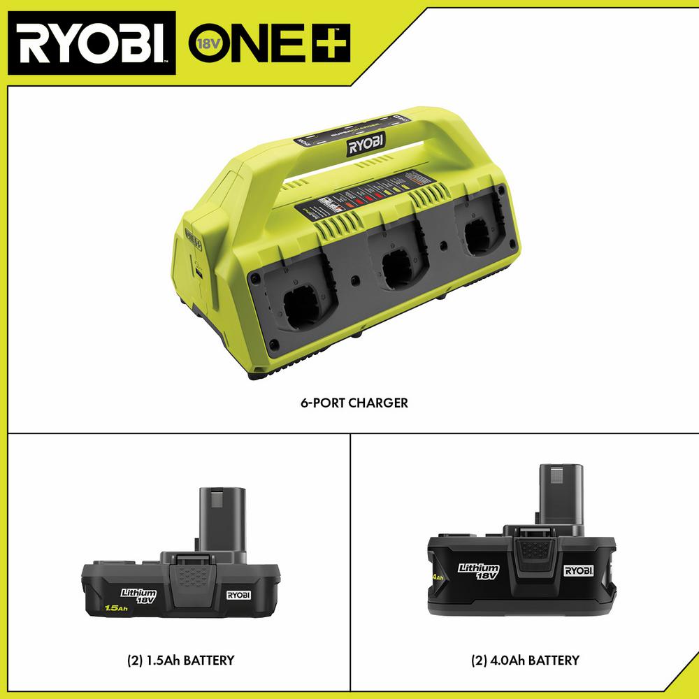 2025 RYOBI ONE+ 18V kompressorsæt med (2) 1,5 Ah batterier og (2) 4,0 Ah batterier