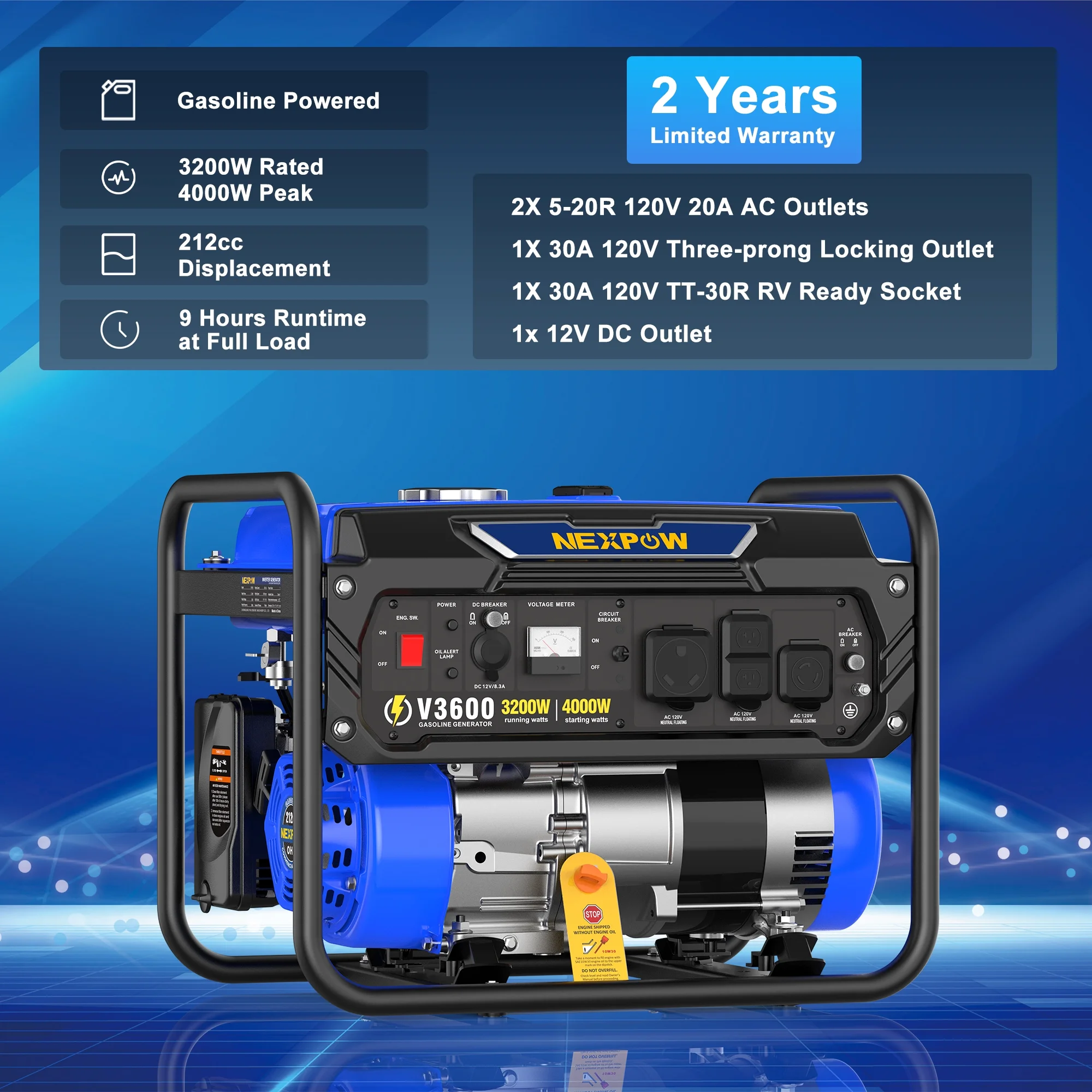 NEXPOW 4000W Portable Generator, Gasoline Powered RV Ready Generator for Backup Home & Outdoor Camping, EPA Compliant, 9H Full Load Runtime, Open Frame