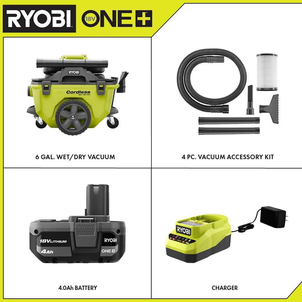 2025 Ryobi ONE+ 18V 6 Gallon Ledningsfri Våd-/Tørstøvsugersæt med 4,0 Ah Batteri, Oplader og Tilbehør P770KN